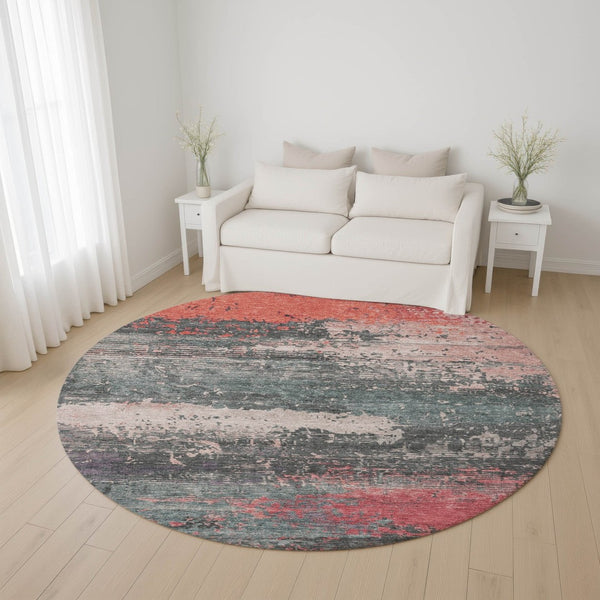 HomeRoots 8' Coral Pink and Gray Abstract Round Rug - Washable, UV Protected, Perfect for Homes with Kids & Pets 701072