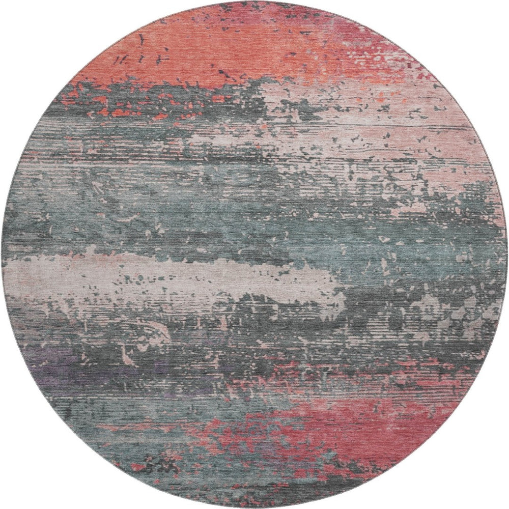 HomeRoots 8' Coral Pink and Gray Abstract Round Rug - Washable, UV Protected, Perfect for Homes with Kids & Pets 701072