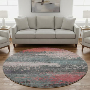 HomeRoots 8' Coral Pink and Gray Abstract Round Rug - Washable, UV Protected, Perfect for Homes with Kids & Pets 701072