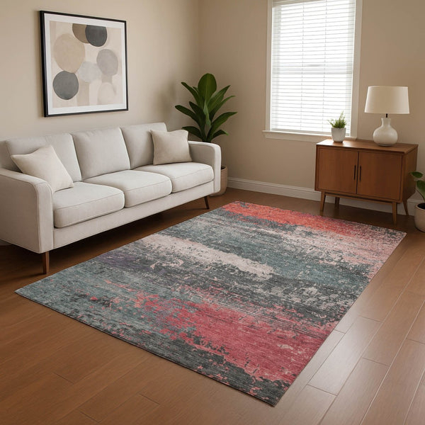 HomeRoots 9' X 12' Coral Pink & Gray Abstract Washable Area Rug with UV Protection for Modern Homes 701074