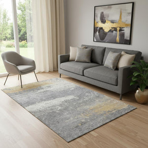 HomeRoots 5' X 8' Modern Gold Gray Ivory Abstract Area Rug - Washable, UV Protected for Everyday Use & Style 701077
