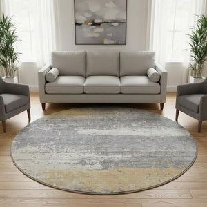 HomeRoots 8' Stylish Gold Gray Ivory Abstract Washable Round Rug with UV Protection & Easy Care for Home 701078