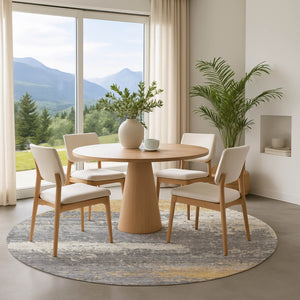 HomeRoots 8' Stylish Gold Gray Ivory Abstract Washable Round Rug with UV Protection & Easy Care for Home 701078