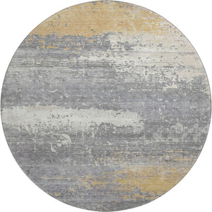HomeRoots 8' Stylish Gold Gray Ivory Abstract Washable Round Rug with UV Protection & Easy Care for Home 701078