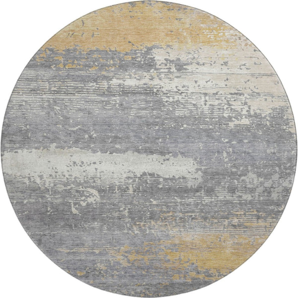 HomeRoots 8' Stylish Gold Gray Ivory Abstract Washable Round Rug with UV Protection & Easy Care for Home 701078