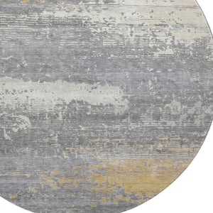 HomeRoots 8' Stylish Gold Gray Ivory Abstract Washable Round Rug with UV Protection & Easy Care for Home 701078