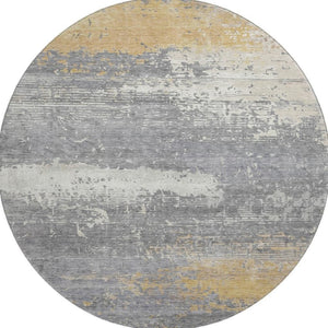 HomeRoots 8' Stylish Gold Gray Ivory Abstract Washable Round Rug with UV Protection & Easy Care for Home 701078