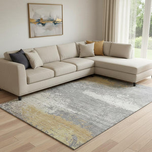 HomeRoots 8' X 10' Washable Abstract Area Rug in Gold, Gray & Ivory - Stylish, Stain Resistant & UV Protected! 701079