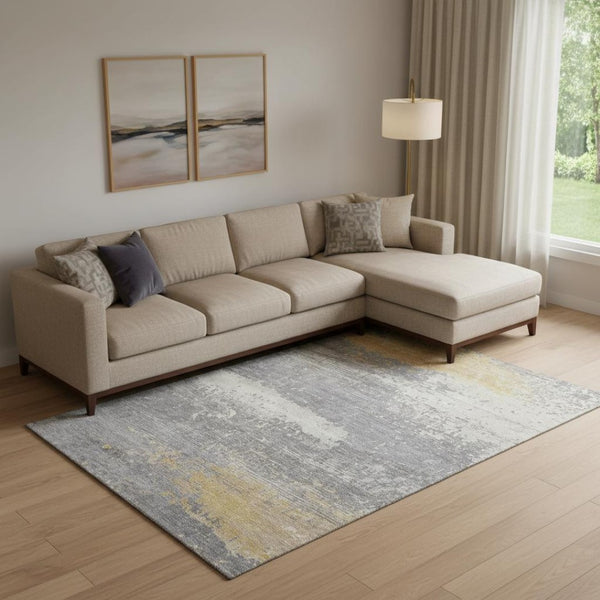 HomeRoots 10' Abstract Gold, Gray & Ivory Washable Area Rug – UV Protected, Stain Resistant, Ideal for Homes 701081