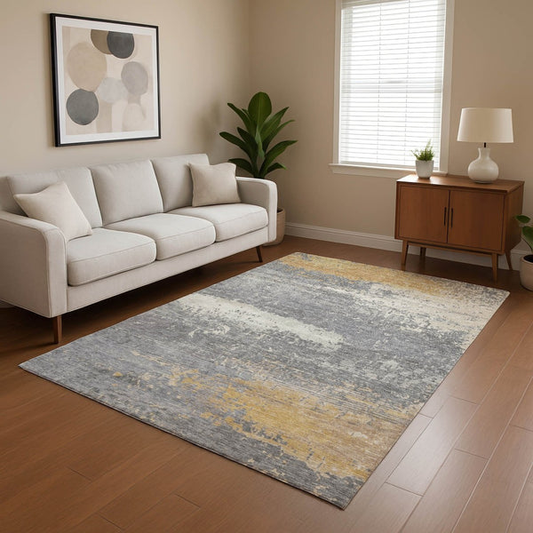 HomeRoots 10' Abstract Gold, Gray & Ivory Washable Area Rug – UV Protected, Stain Resistant, Ideal for Homes 701081