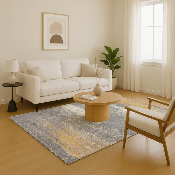 HomeRoots 10' Abstract Gold, Gray & Ivory Washable Area Rug – UV Protected, Stain Resistant, Ideal for Homes 701081