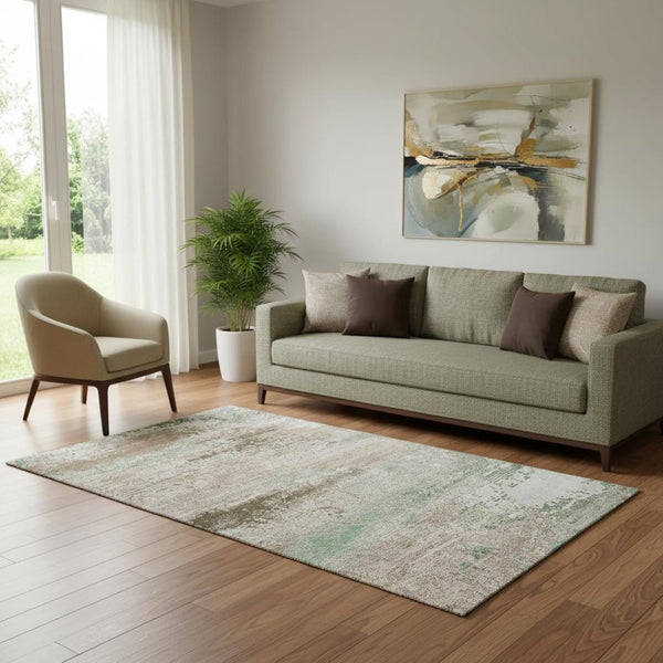 HomeRoots 5' Khaki Beige & Ivory Abstract Washable Area Rug - UV Protected, Soft, Durable & Stain-Resistant 701083