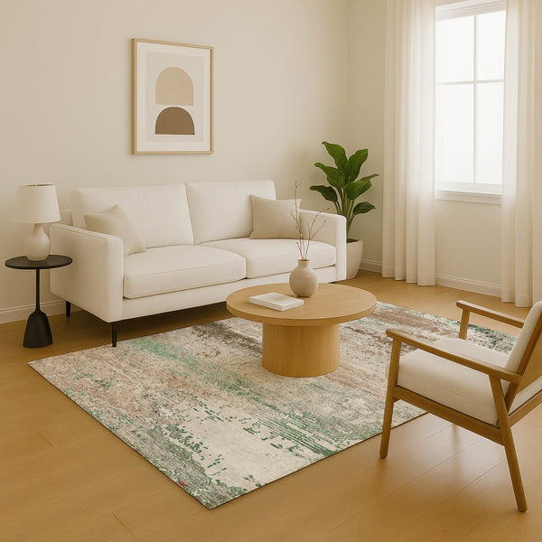 HomeRoots 5' Khaki Beige & Ivory Abstract Washable Area Rug - UV Protected, Soft, Durable & Stain-Resistant 701083