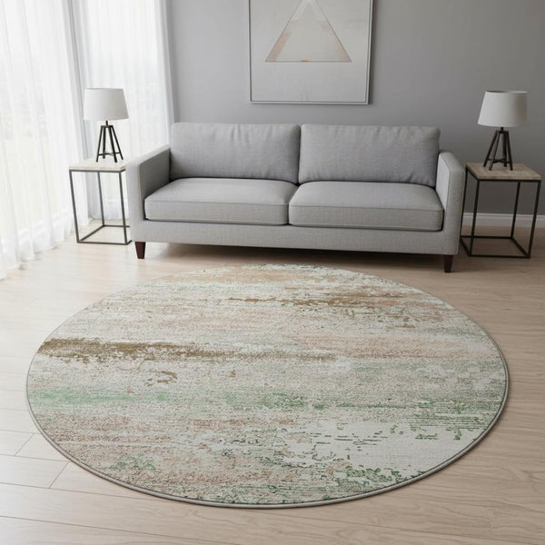 HomeRoots 8' Washable Khaki Beige & Ivory Abstract Round Rug with UV Protection for Modern Homes & Kids 701084