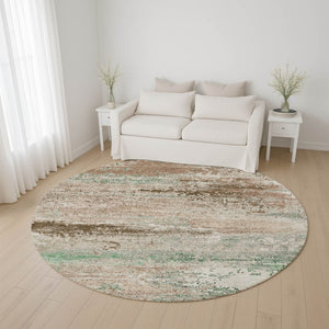 HomeRoots 8' Washable Khaki Beige & Ivory Abstract Round Rug with UV Protection for Modern Homes & Kids 701084