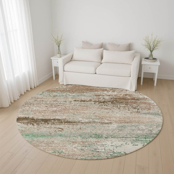 HomeRoots 8' Washable Khaki Beige & Ivory Abstract Round Rug with UV Protection for Modern Homes & Kids 701084
