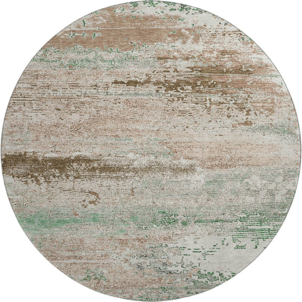 HomeRoots 8' Washable Khaki Beige & Ivory Abstract Round Rug with UV Protection for Modern Homes & Kids 701084