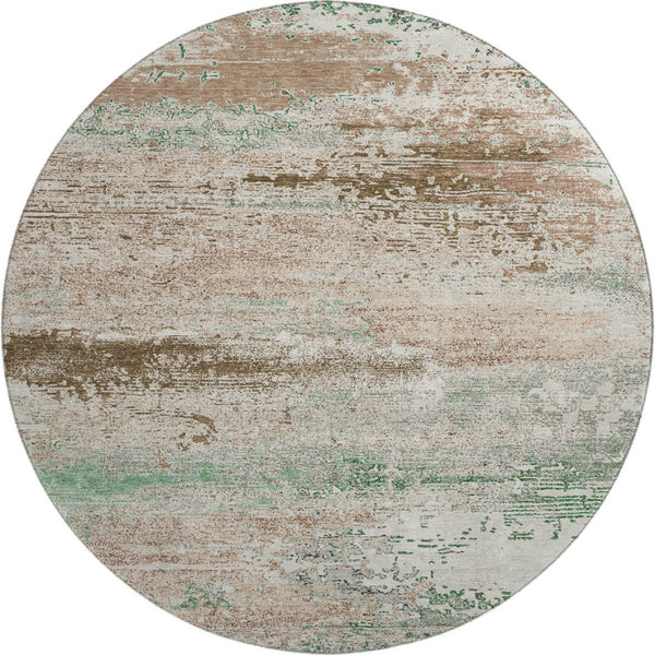 HomeRoots 8' Washable Khaki Beige & Ivory Abstract Round Rug with UV Protection for Modern Homes & Kids 701084