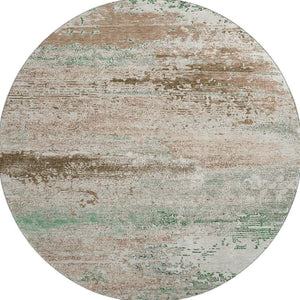 HomeRoots 8' Washable Khaki Beige & Ivory Abstract Round Rug with UV Protection for Modern Homes & Kids 701084