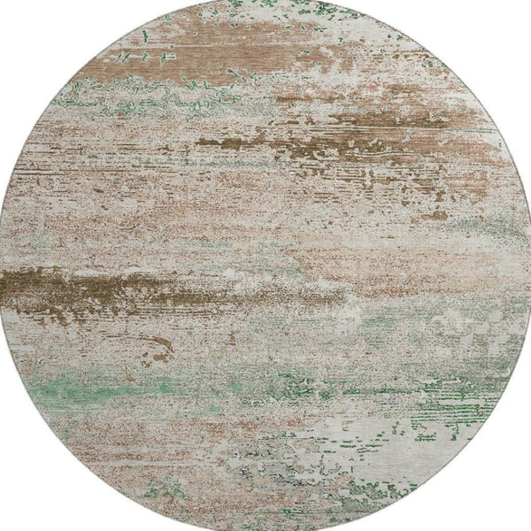 HomeRoots 8' Washable Khaki Beige & Ivory Abstract Round Rug with UV Protection for Modern Homes & Kids 701084