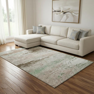 HomeRoots 8' X 10' Washable Khaki Beige & Ivory Abstract Area Rug with UV Protection for High-Traffic Homes 701085