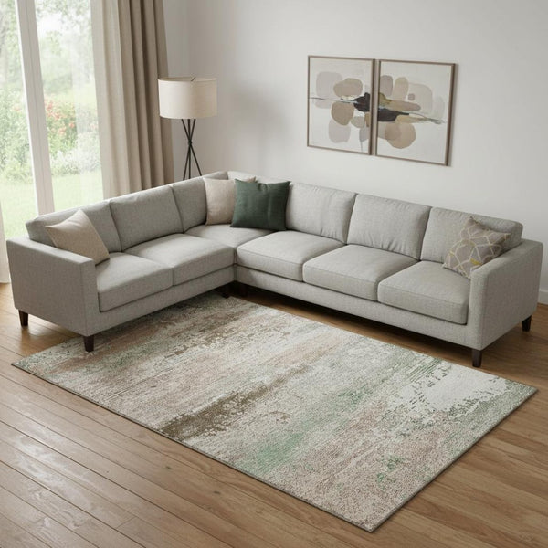HomeRoots 9' X 12' Abstract Khaki Beige & Ivory Area Rug - Washable, UV Protected, Durable for Family Spaces 701086