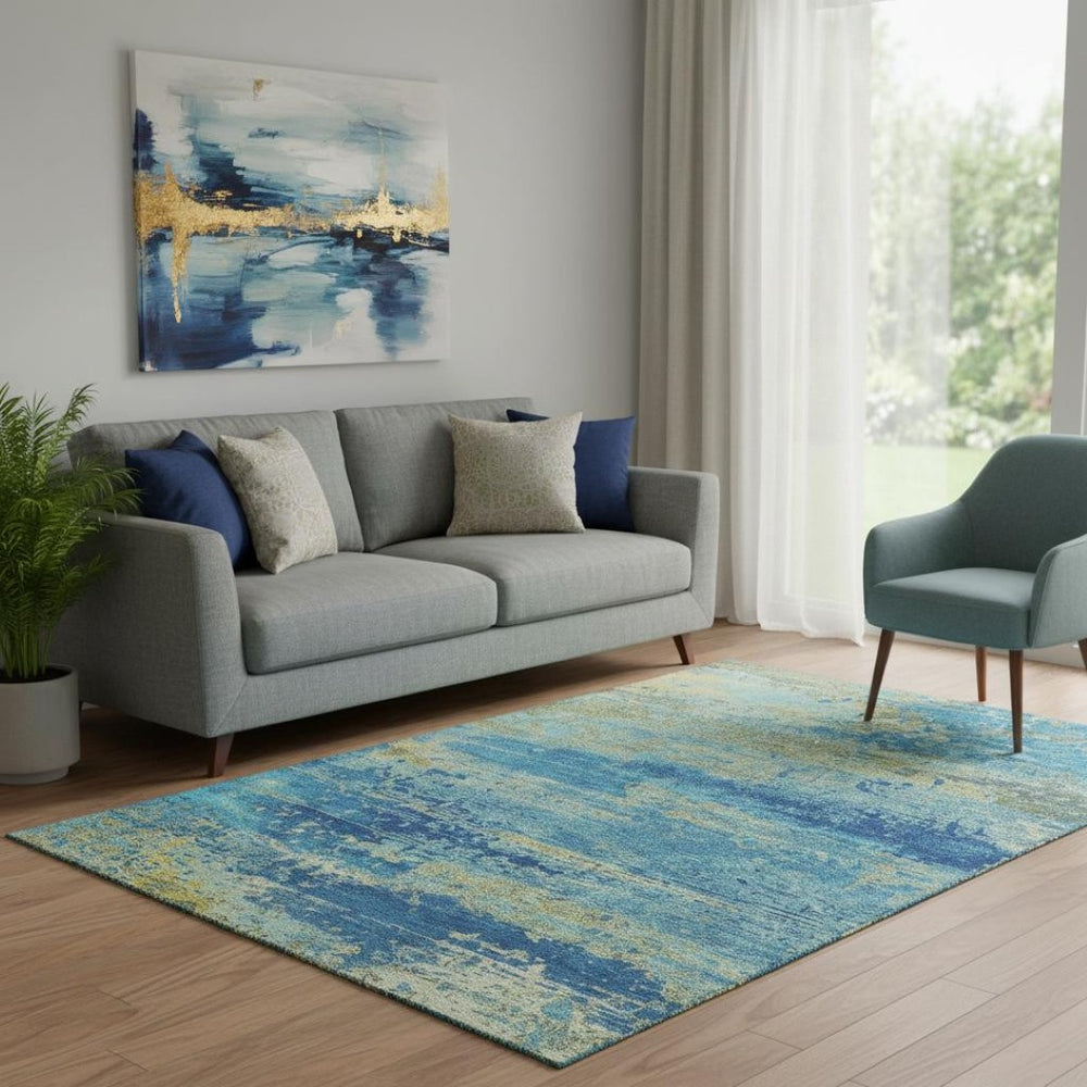 HomeRoots 5' X 8' Modern Abstract Area Rug in Navy Blue & Olive Green - Washable, UV Protected & Stain Resistant 701095