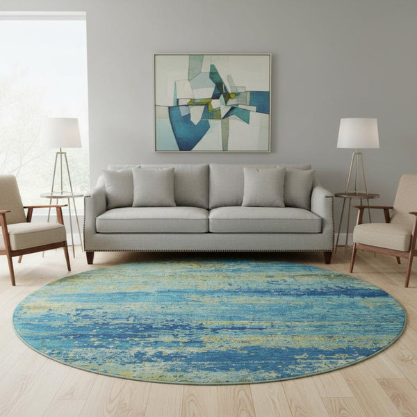HomeRoots 8' Navy Blue and Olive Green Abstract Round Rug - Washable, UV-Protected, Stain-Resistant Design! 701096