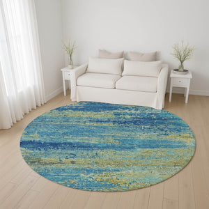HomeRoots 8' Navy Blue and Olive Green Abstract Round Rug - Washable, UV-Protected, Stain-Resistant Design! 701096
