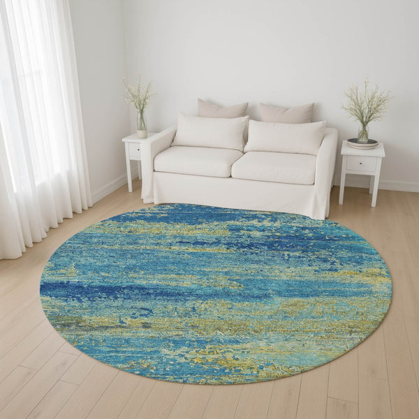 HomeRoots 8' Navy Blue and Olive Green Abstract Round Rug - Washable, UV-Protected, Stain-Resistant Design! 701096