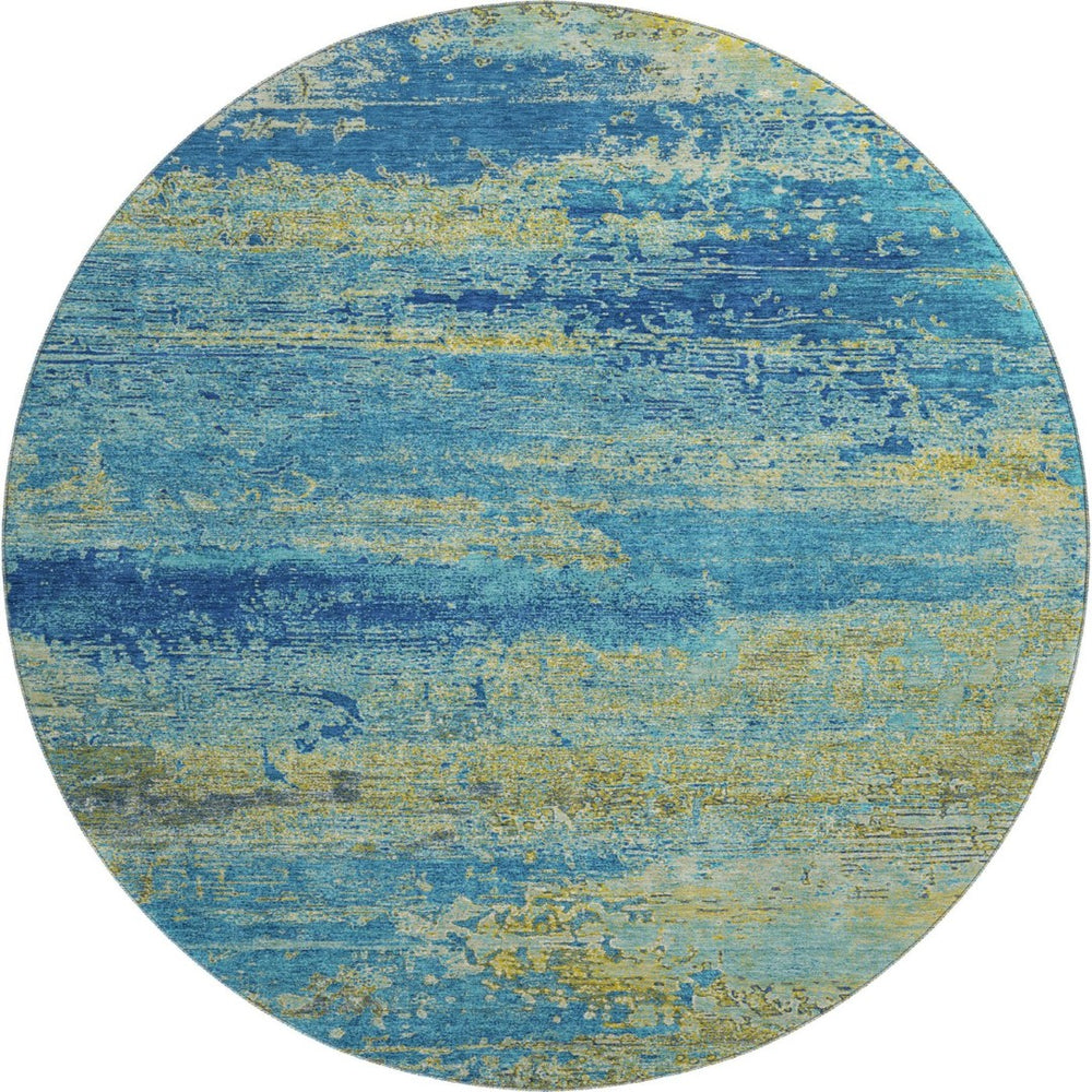 HomeRoots 8' Navy Blue and Olive Green Abstract Round Rug - Washable, UV-Protected, Stain-Resistant Design! 701096