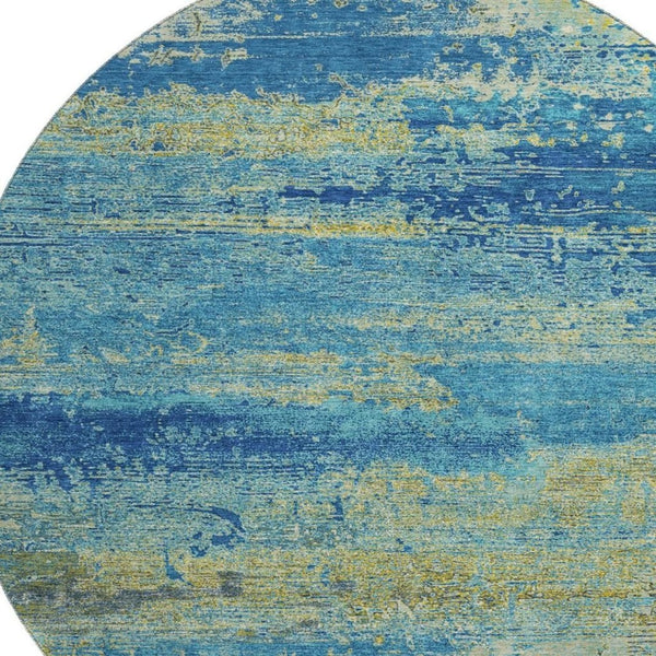 HomeRoots 8' Navy Blue and Olive Green Abstract Round Rug - Washable, UV-Protected, Stain-Resistant Design! 701096