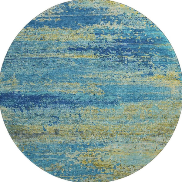 HomeRoots 8' Navy Blue and Olive Green Abstract Round Rug - Washable, UV-Protected, Stain-Resistant Design! 701096