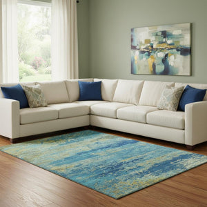 HomeRoots 8' X 10' Navy Blue & Olive Green Abstract Washable Area Rug - Stylish, Durable, UV Protected Design 701097