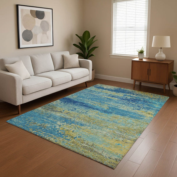 HomeRoots 8' X 10' Navy Blue & Olive Green Abstract Washable Area Rug - Stylish, Durable, UV Protected Design 701097