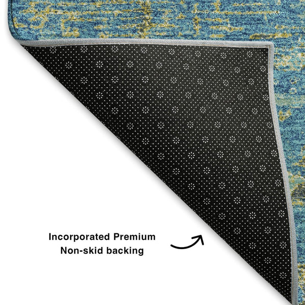HomeRoots 8' X 10' Navy Blue & Olive Green Abstract Washable Area Rug - Stylish, Durable, UV Protected Design 701097