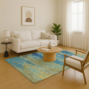 HomeRoots 8' X 10' Navy Blue & Olive Green Abstract Washable Area Rug - Stylish, Durable, UV Protected Design 701097