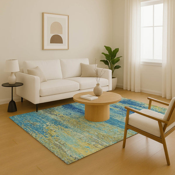 HomeRoots 8' X 10' Navy Blue & Olive Green Abstract Washable Area Rug - Stylish, Durable, UV Protected Design 701097