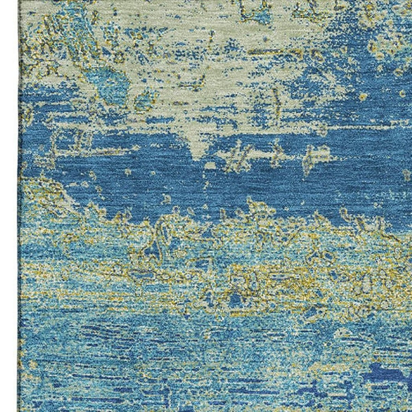 HomeRoots 8' X 10' Navy Blue & Olive Green Abstract Washable Area Rug - Stylish, Durable, UV Protected Design 701097