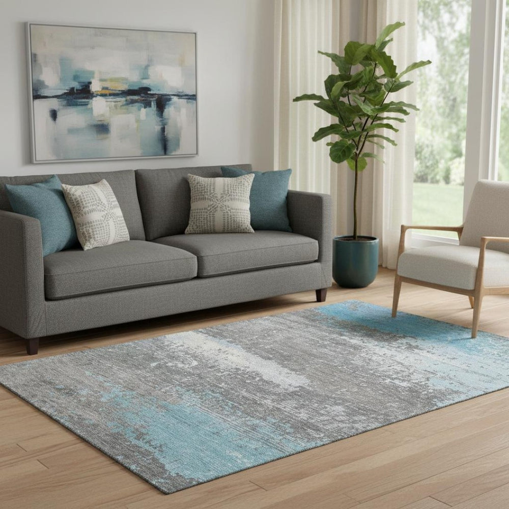 HomeRoots 5' X 8' Teal Gray Ivory Abstract Area Rug - Durable, Washable, UV Protected for Busy Homes & Style 701101