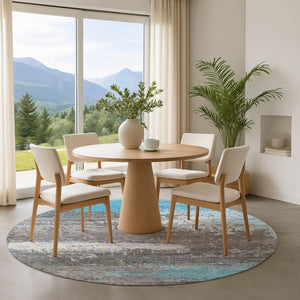 HomeRoots 8' Teal Gray & Ivory Abstract Washable Round Rug with UV Protection for Stylish Living Spaces 701102