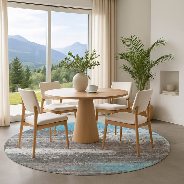 HomeRoots 8' Teal Gray & Ivory Abstract Washable Round Rug with UV Protection for Stylish Living Spaces 701102