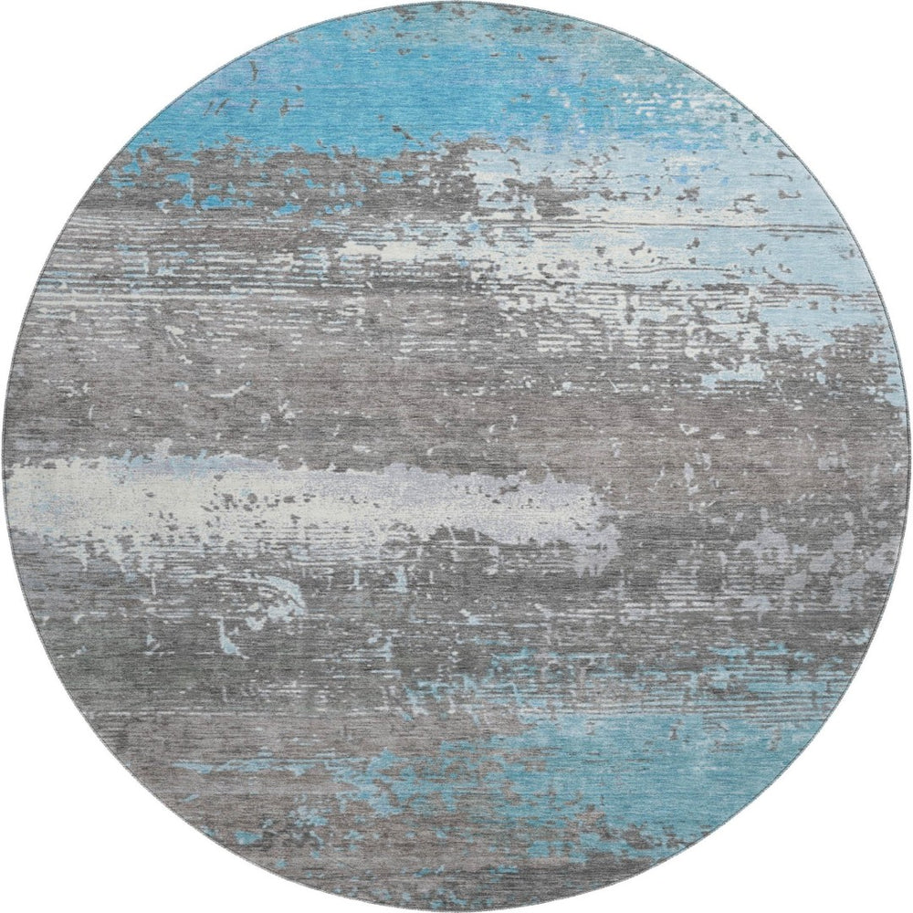 HomeRoots 8' Teal Gray & Ivory Abstract Washable Round Rug with UV Protection for Stylish Living Spaces 701102