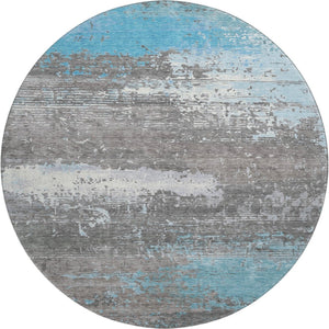 HomeRoots 8' Teal Gray & Ivory Abstract Washable Round Rug with UV Protection for Stylish Living Spaces 701102