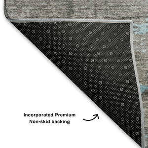 HomeRoots 8' Teal Gray & Ivory Abstract Washable Round Rug with UV Protection for Stylish Living Spaces 701102