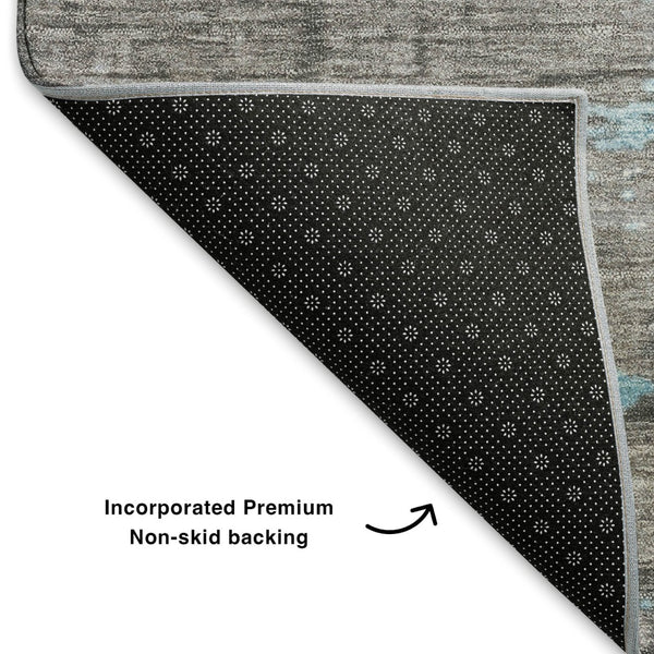 HomeRoots 8' Teal Gray & Ivory Abstract Washable Round Rug with UV Protection for Stylish Living Spaces 701102