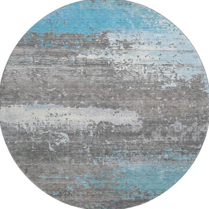 HomeRoots 8' Teal Gray & Ivory Abstract Washable Round Rug with UV Protection for Stylish Living Spaces 701102