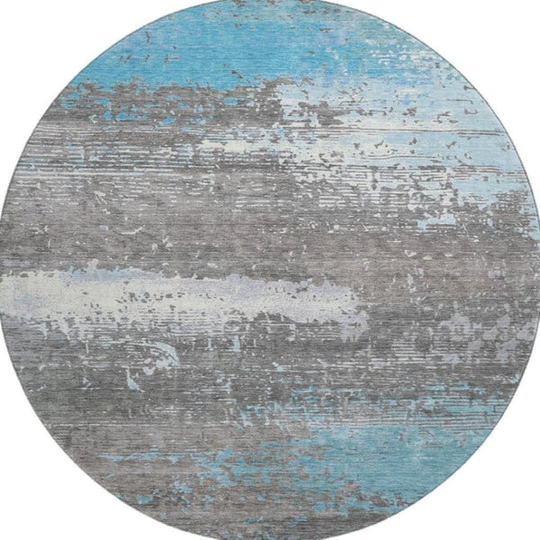 HomeRoots 8' Teal Gray & Ivory Abstract Washable Round Rug with UV Protection for Stylish Living Spaces 701102