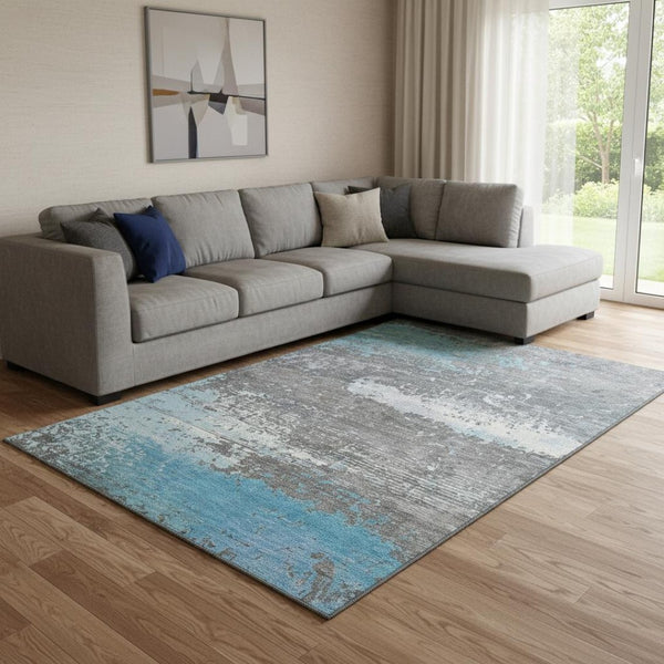 HomeRoots 8' X 10' Modern Teal Gray and Ivory Abstract Area Rug - Durable, Stain Resistant, UV Protected! 701103