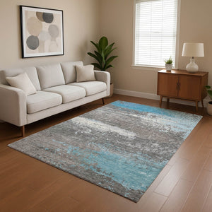 HomeRoots 8' X 10' Modern Teal Gray and Ivory Abstract Area Rug - Durable, Stain Resistant, UV Protected! 701103